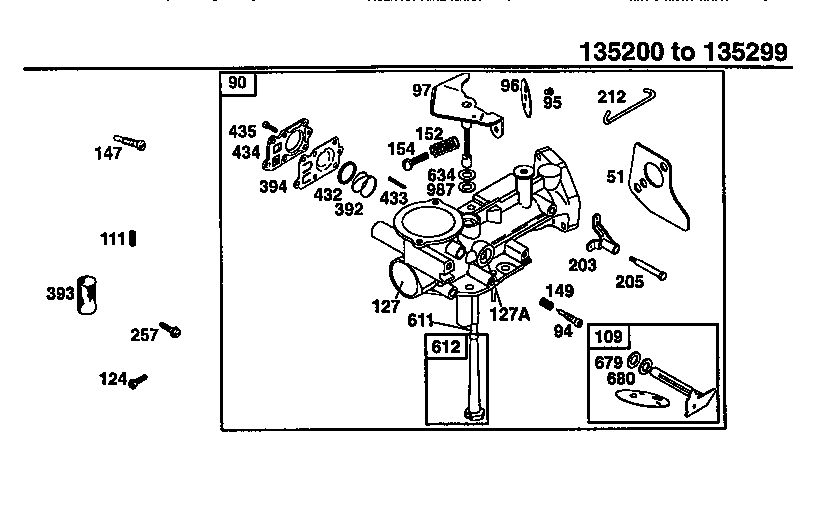 Carburetor Diagram and Parts List for 135200-135299 0001-0013 Briggs and Stratton Engine